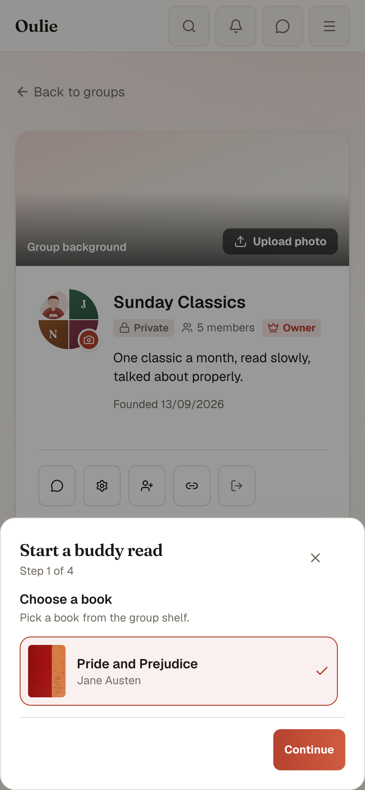 Pride and Prejudice is selected in the group book picker.
