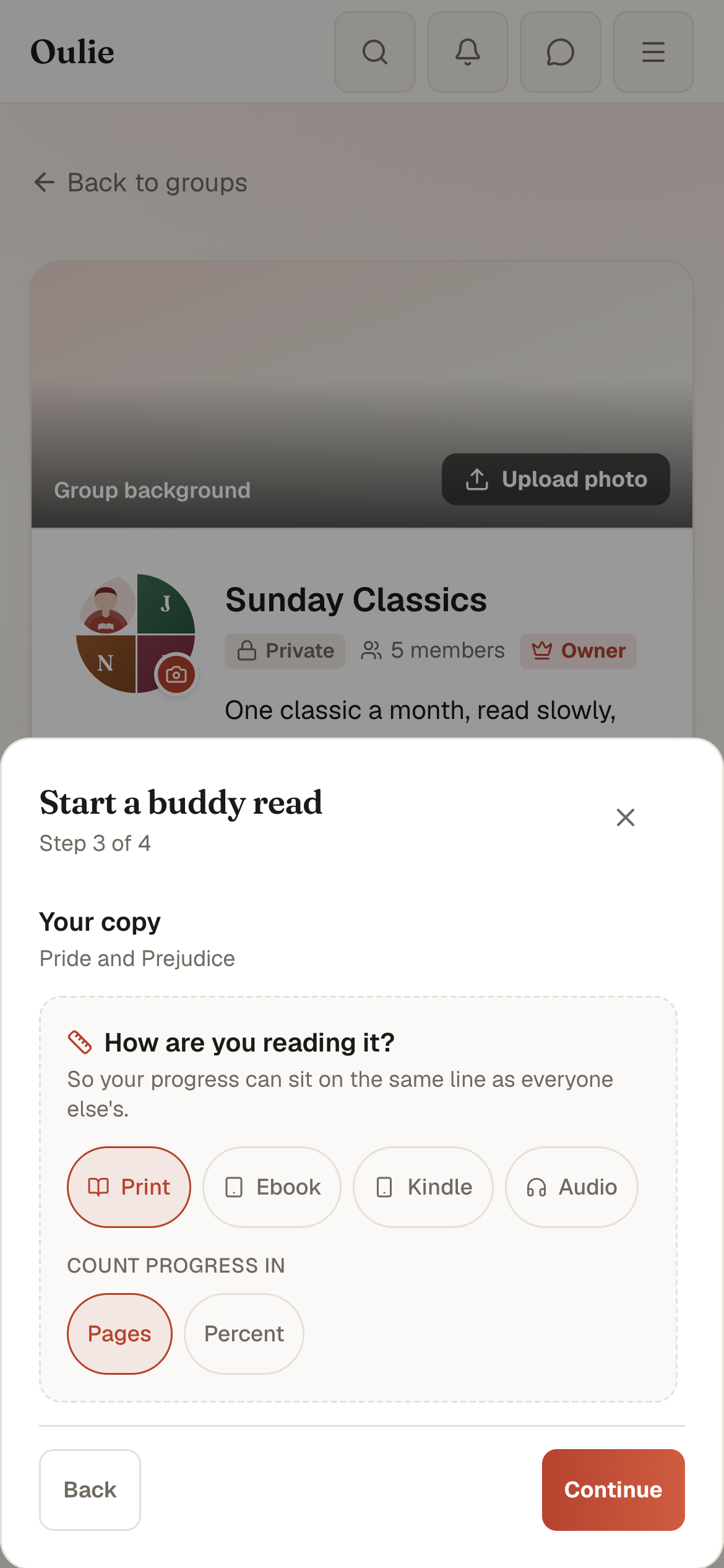 The format picker offers print, ebook, Kindle and audio, with page or percent tracking.