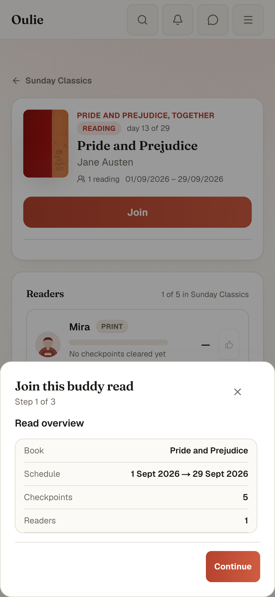 Sara reviews the read’s dates and five checkpoints before joining.