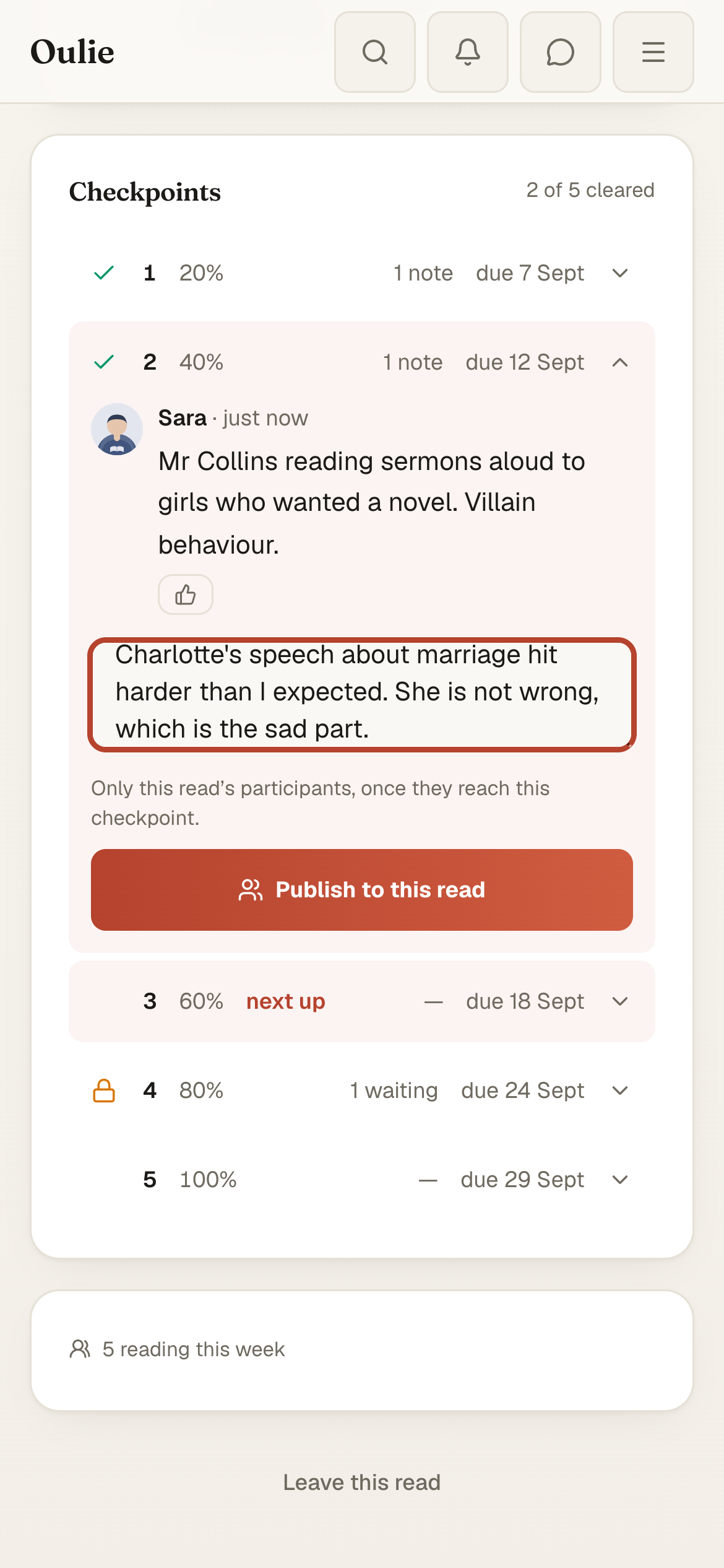 Sara comments on Mr Collins reading sermons; Mira drafts a reply about Charlotte’s speech on marriage.