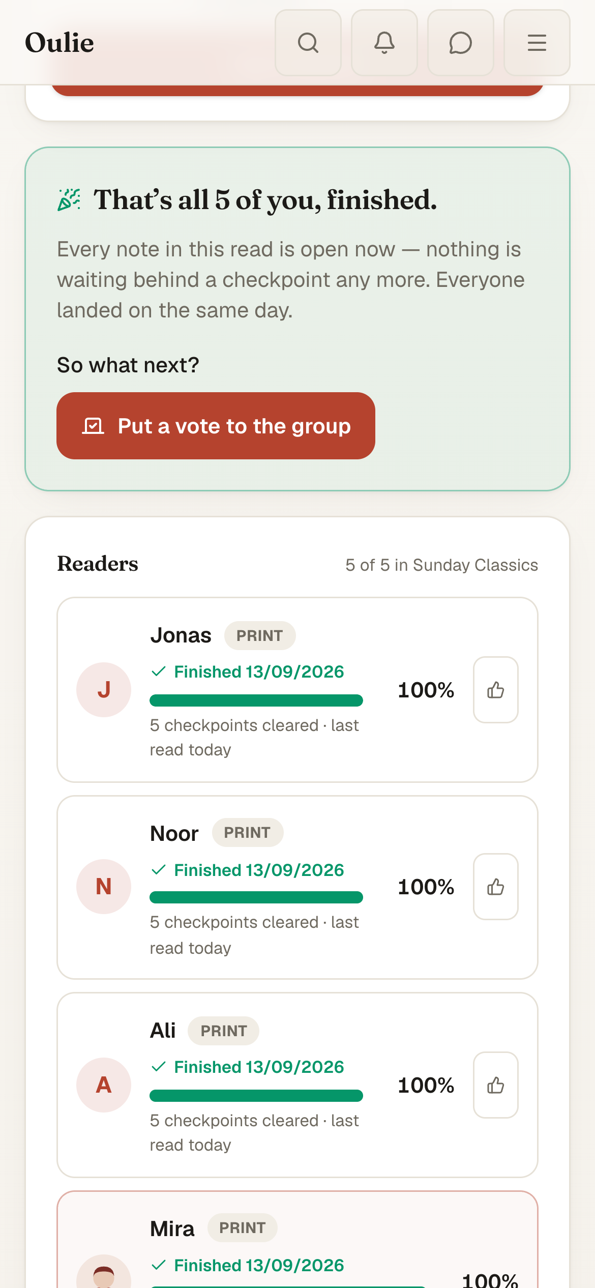 The read celebrates all five readers finishing and offers a group vote.